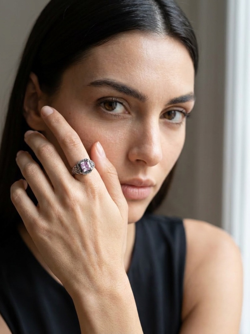Sterling silver pink crystal ring